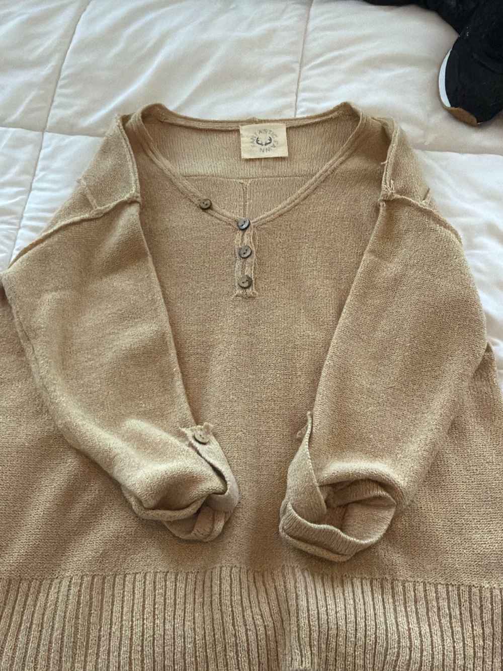 Fantastic Fawn V-Neck Henley Sweater in Tan